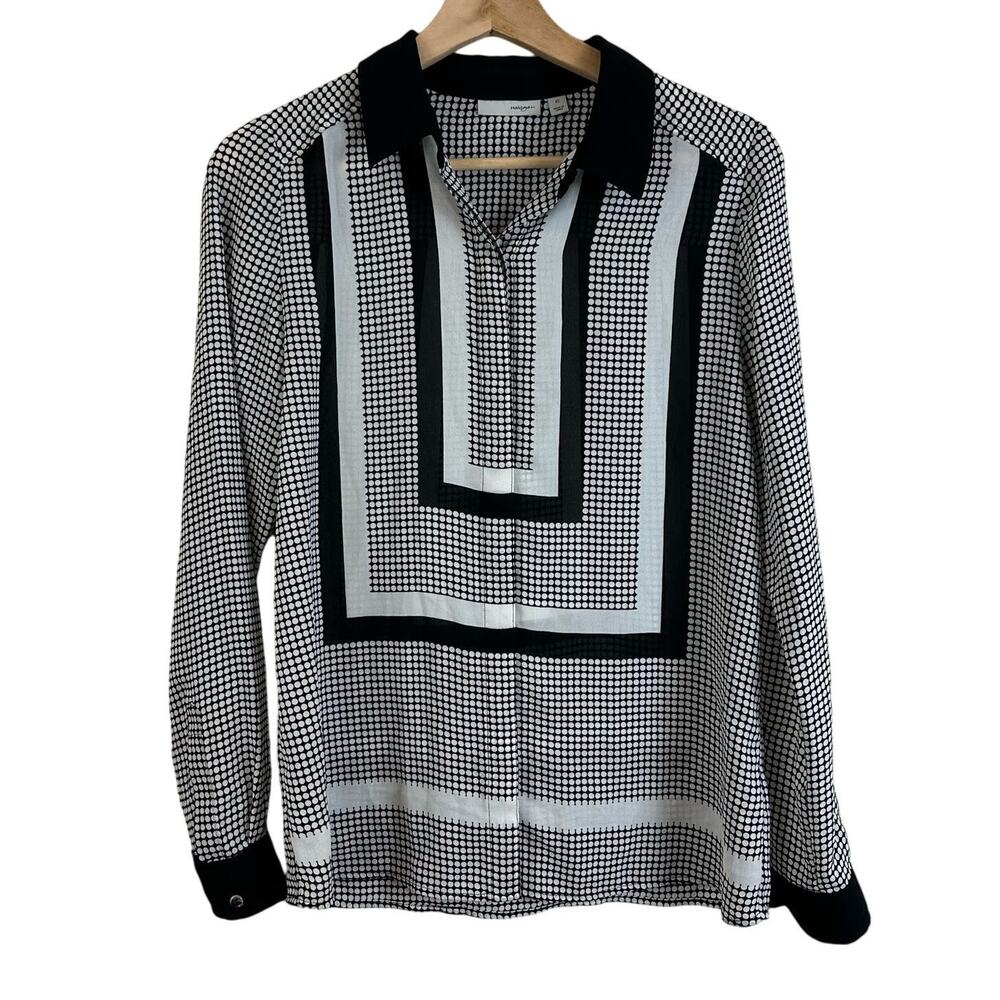 Halogen Black White Semi Sheer Button Down Top Geometric Print Dot Blouse XS